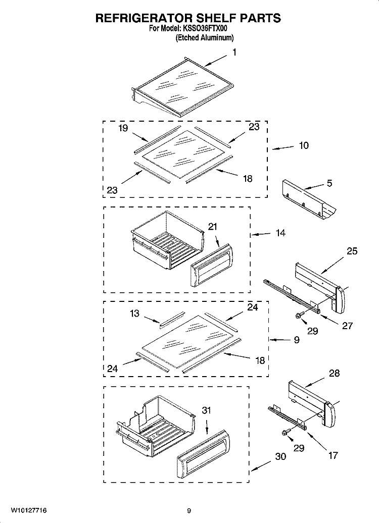 REFRIGERATOR SHELF PARTS Diagram and Parts List for KSSO36FTX00  KitchenAid Refrigerator