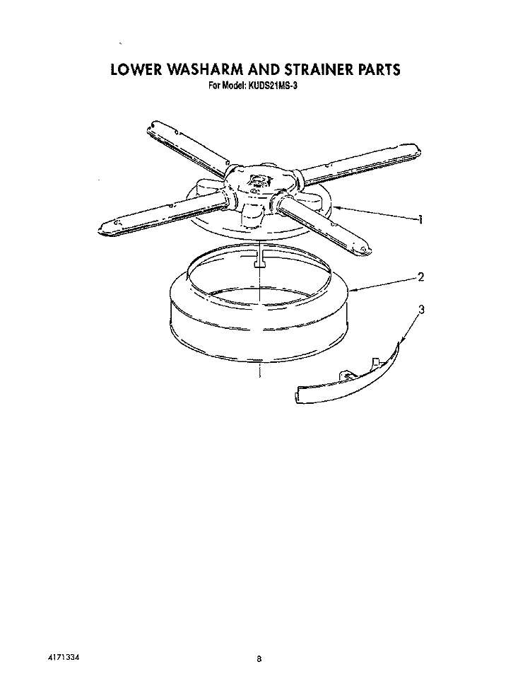 LOWER WASHARM AND STRAINER Diagram and Parts List for KUDS21MS3  KitchenAid Dishwasher