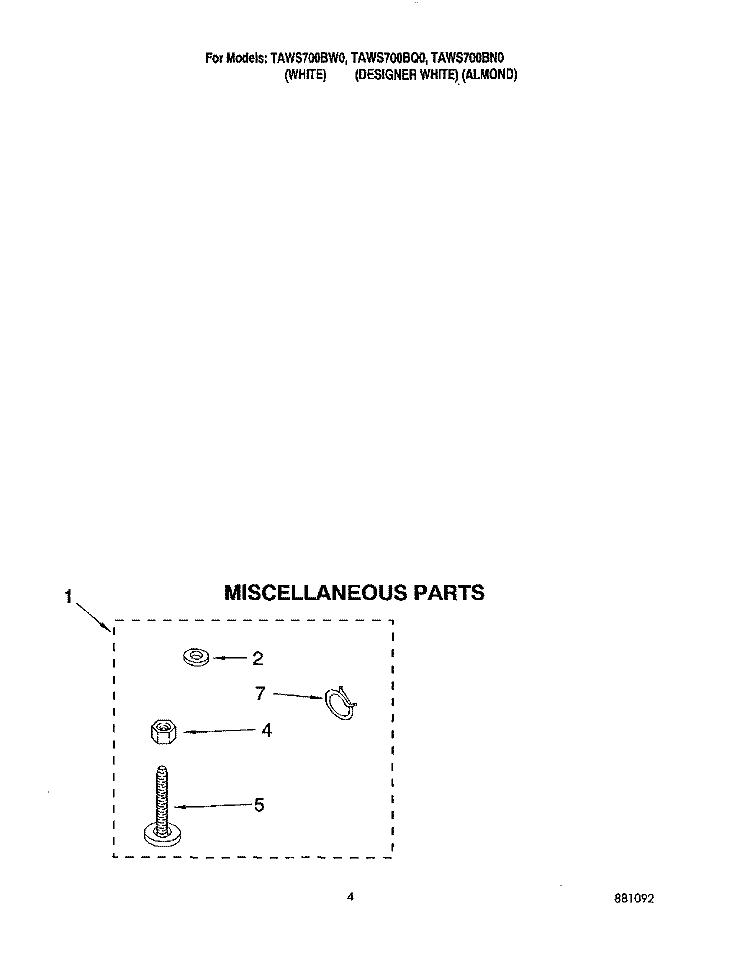 MISCELLANEOUS Diagram and Parts List for TAWS700BQ0  Estate Washer