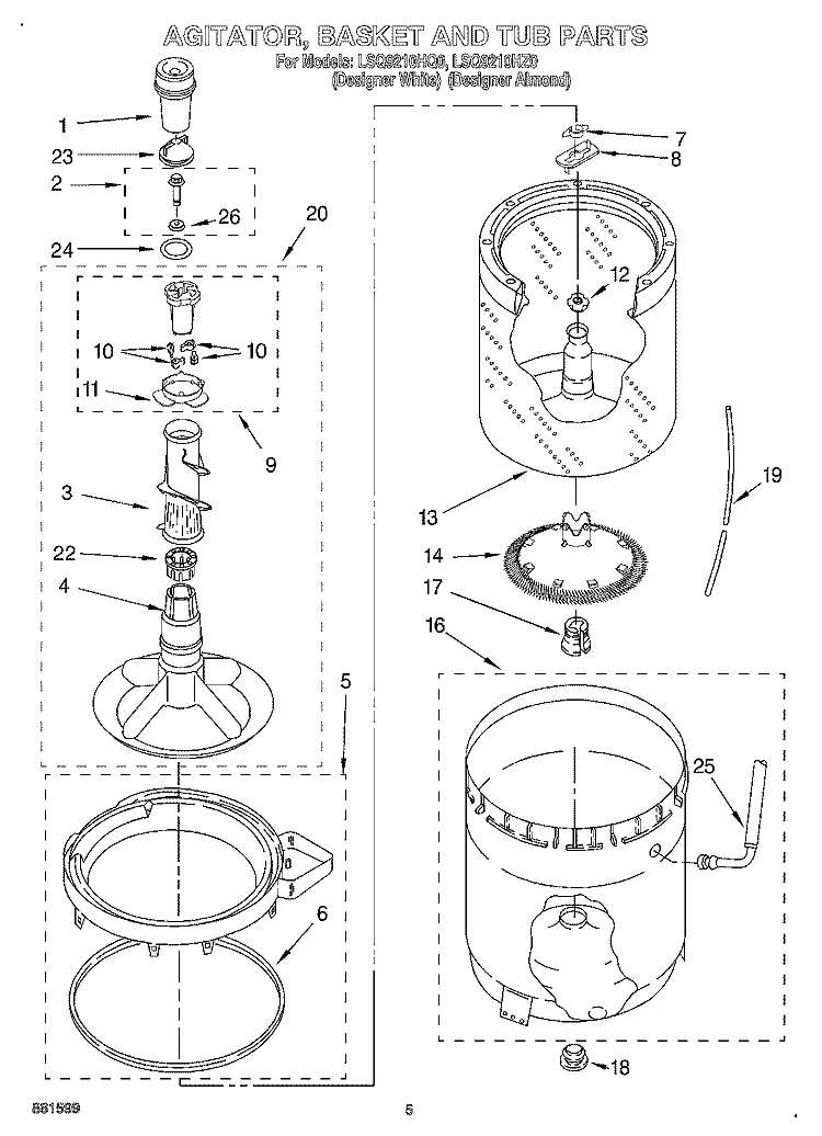 AGITATOR, BASKET, AND TUB Diagram and Parts List for LSQ9210HZ0  Whirlpool Washer