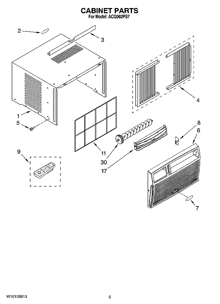 CABINET PARTS Diagram and Parts List for ACQ062PS7  Whirlpool Air Conditioner