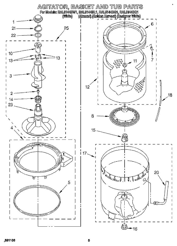 AGITATOR, BASKET AND TUB Diagram and Parts List for RAL5144BG1  Whirlpool Washer