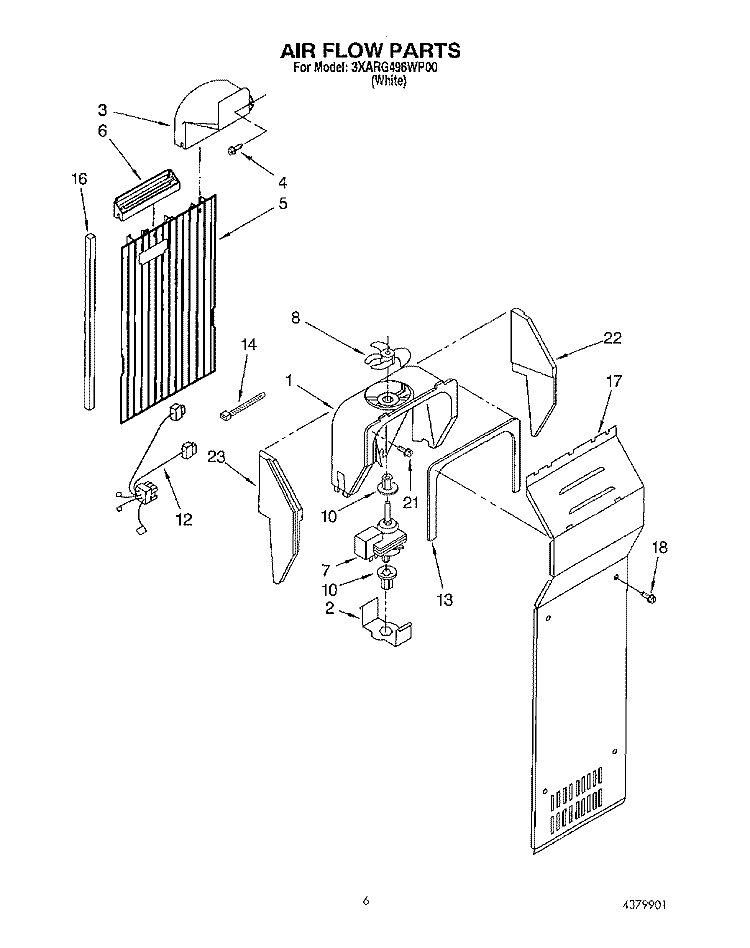 AIR FLOW Diagram and Parts List for 3XARG496WP00  Whirlpool Refrigerator