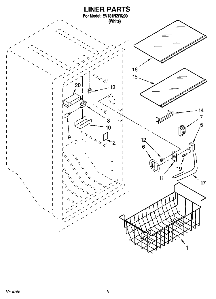 LINER PARTS Diagram and Parts List for EV181NZRQ00  Whirlpool Freezer