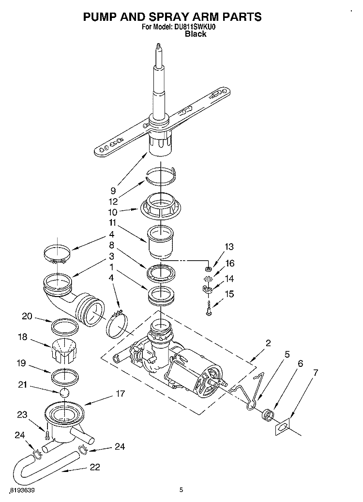 PUMP AND SPRAYARM Diagram and Parts List for DU811SWKU0  Whirlpool Dishwasher