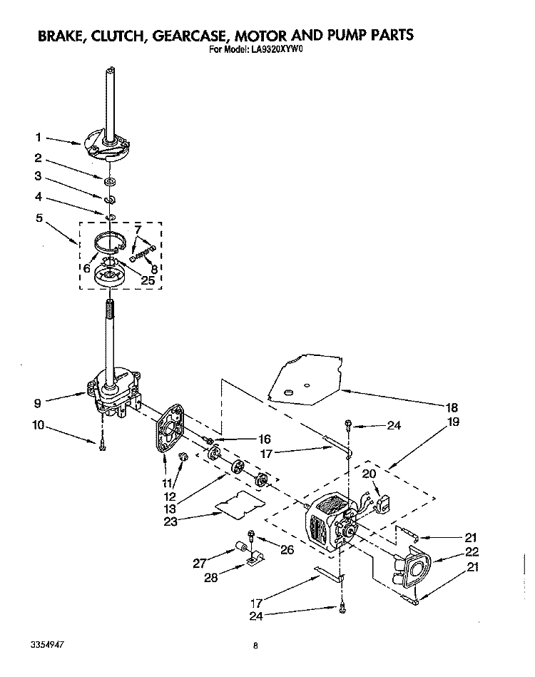 BRAKE, CLUTCH, GEARCASE, MOTOR AND PUMP Diagram and Parts List for LA9320XYW0  Whirlpool Washer