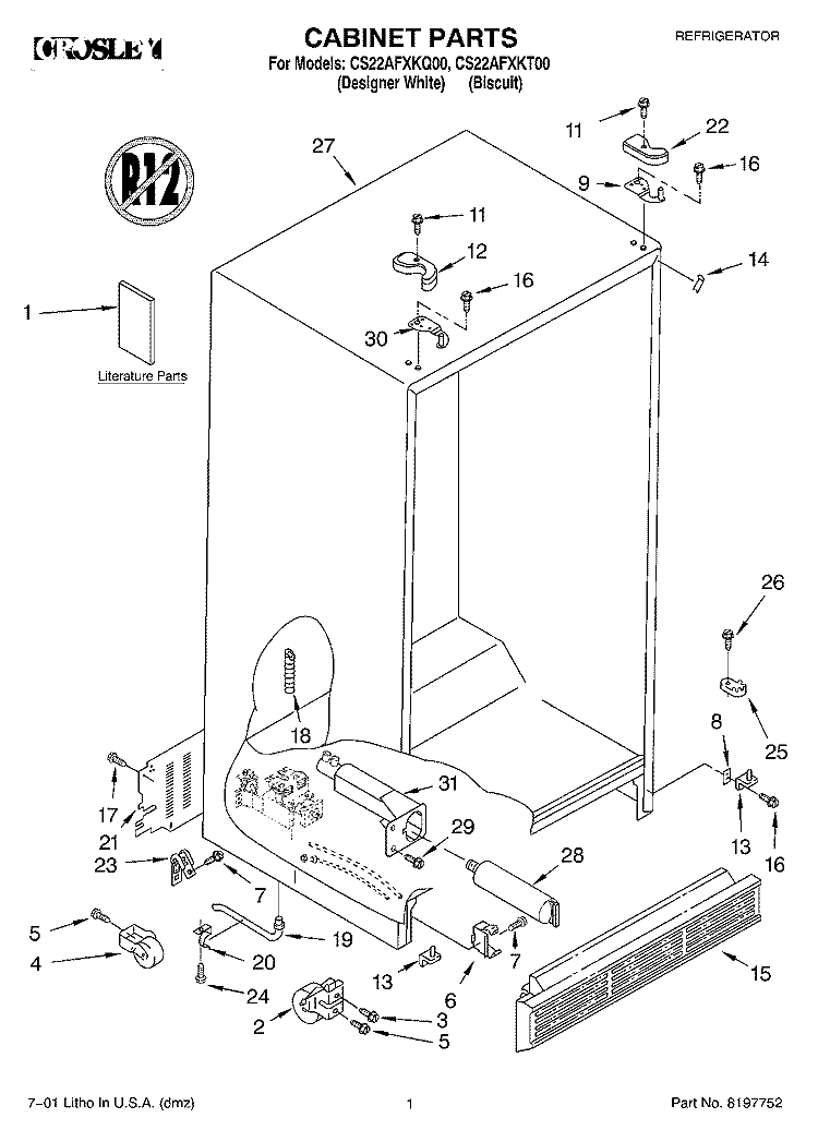 CABINET, LITERATURE Diagram and Parts List for CS22AFXKT00  Crosley Refrigerator