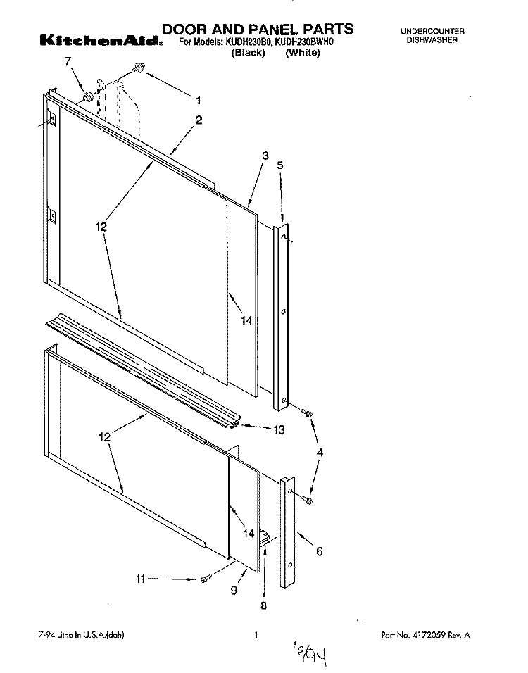 DOOR AND PANEL Diagram and Parts List for KUDH230B0  KitchenAid Dishwasher