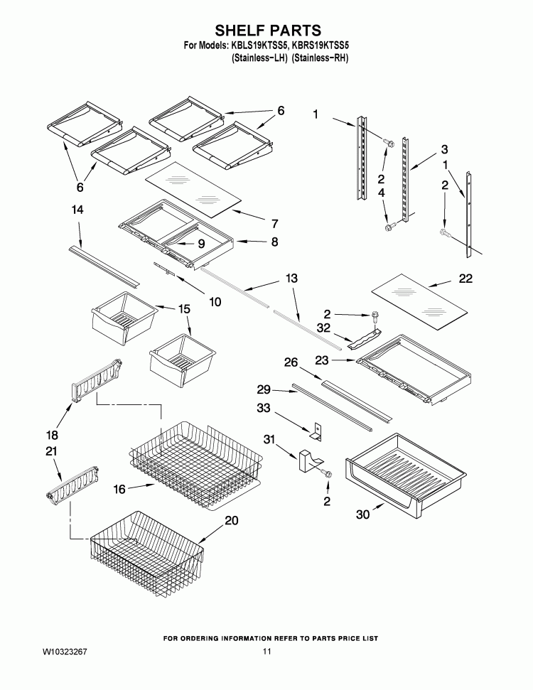 SHELF PARTS Diagram and Parts List for KBLS19KTSS5  KitchenAid Refrigerator