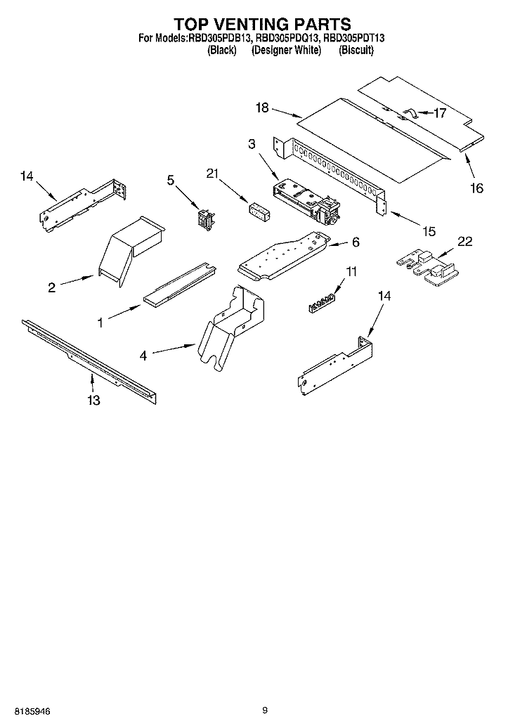 TOP VENTING, OPTIONAL Diagram and Parts List for RBD305PDB13  Whirlpool Wall Oven