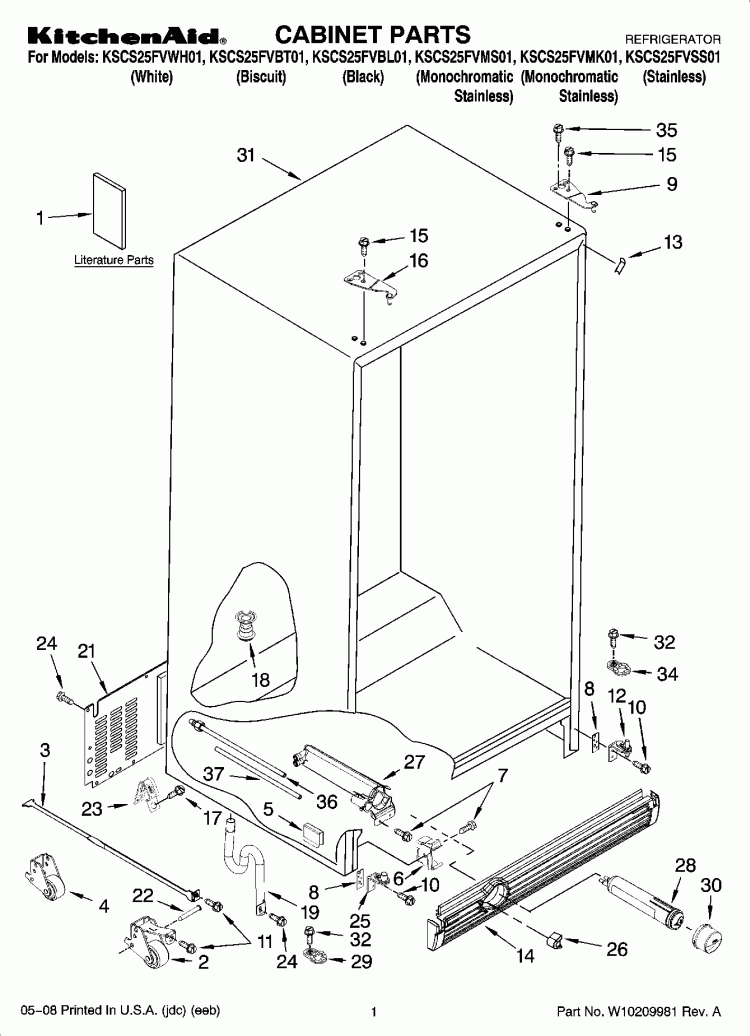 CABINET PARTS Diagram and Parts List for KSCS25FVBT01  KitchenAid Refrigerator