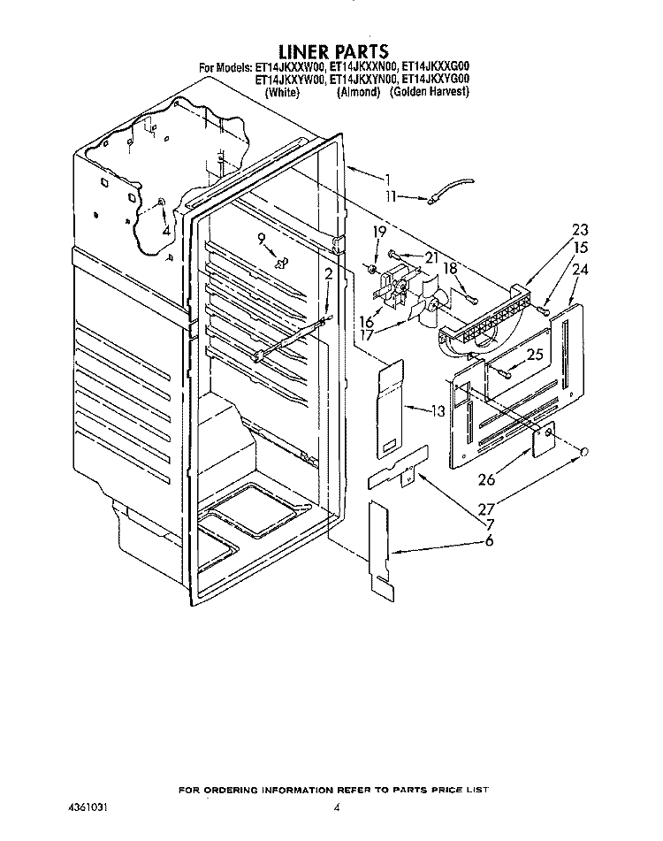 LINER Diagram and Parts List for ET14JKXXG00  Whirlpool Refrigerator