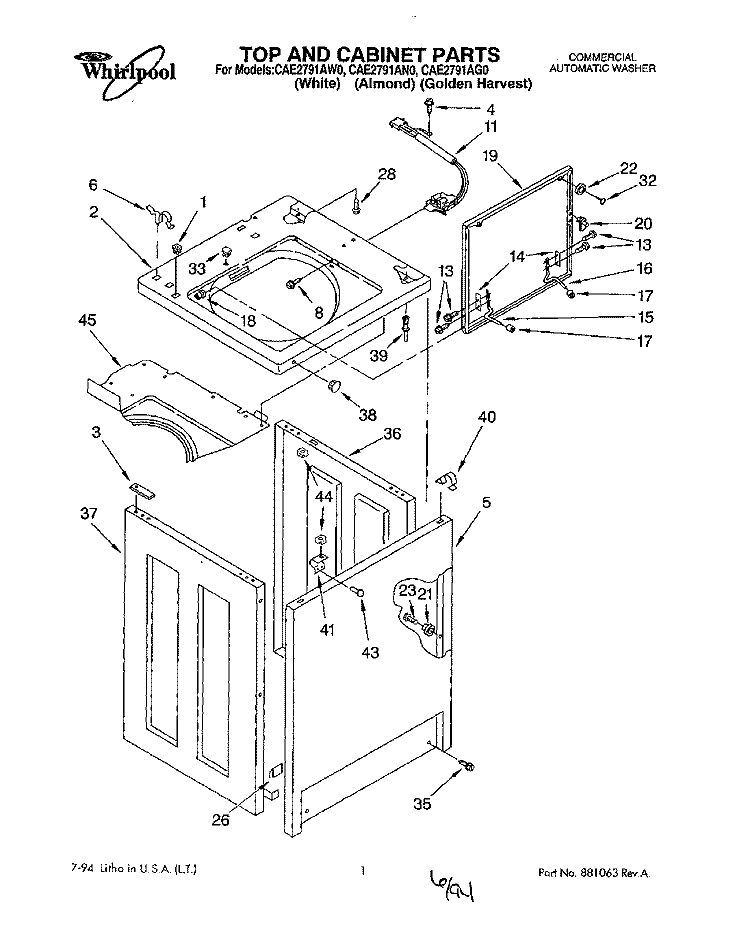 TOP AND CABINET, LIT/OPTIONAL Diagram and Parts List for CAE2791AN0  Whirlpool Washer