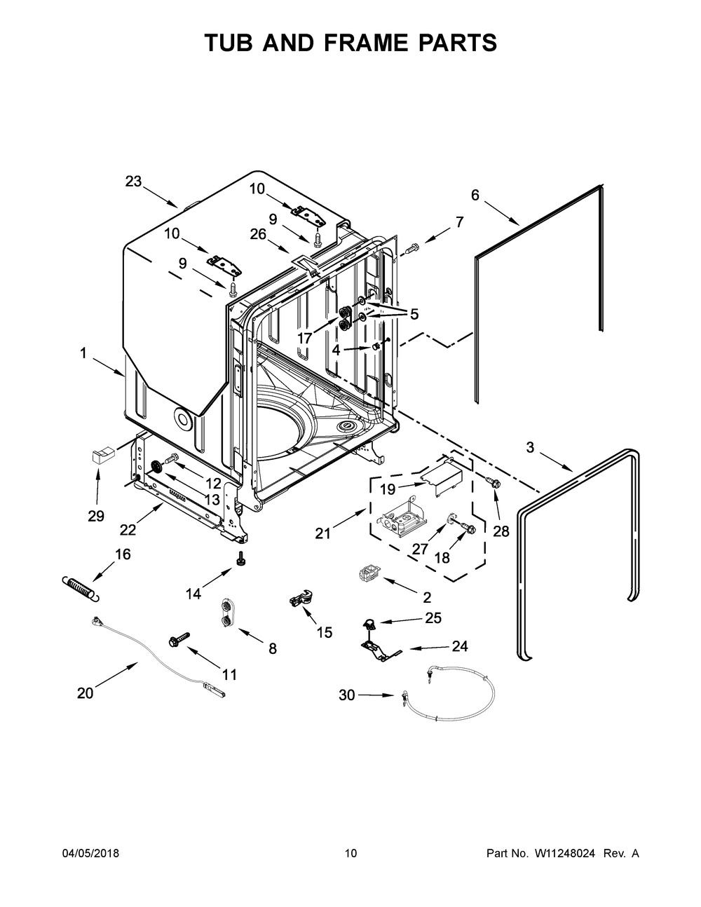 Tub And Frame Parts Diagram and Parts List for IDT870SAGX0  Whirlpool Dishwasher