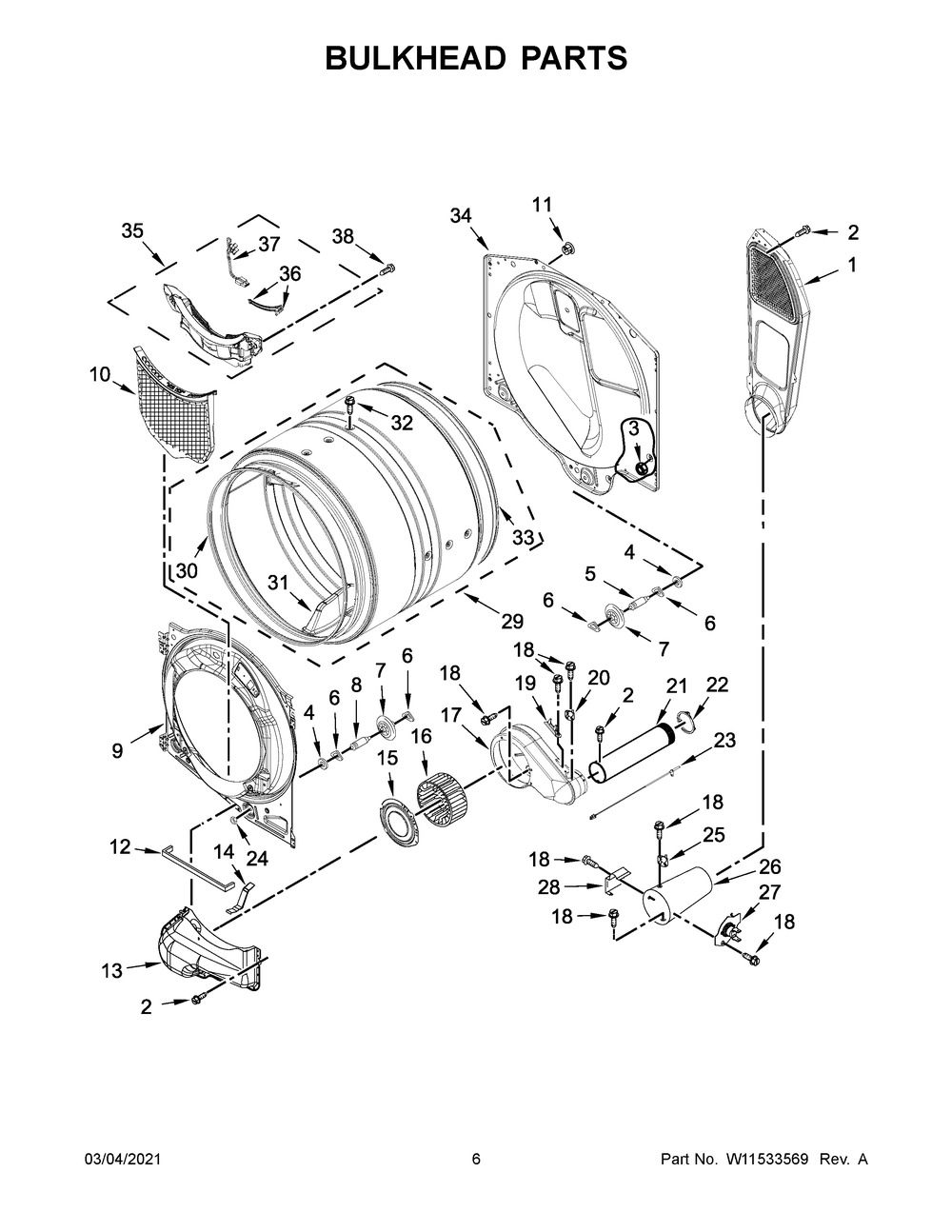 Bulkhead Parts Diagram and Parts List for NGD5800HW2  Whirlpool Dryer
