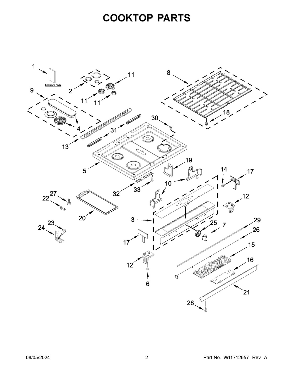 02 - Cooktop Parts Diagram and Parts List for WEG750H0HZ6  Whirlpool Range