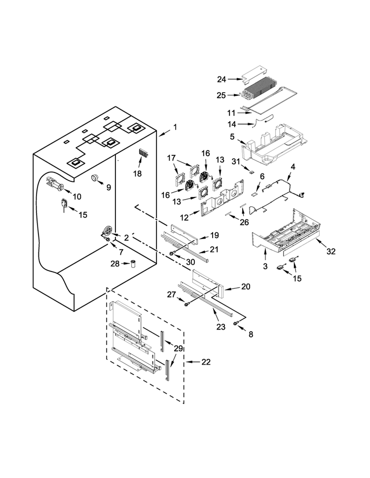 Refrigerator Liner Parts Diagram and Parts List for KBFN502EBS01  KitchenAid Refrigerator
