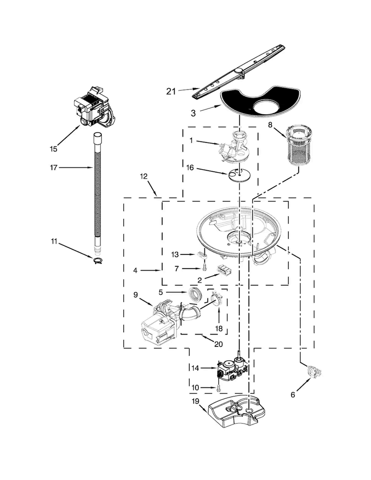 Pump, Washram And Motor Parts Diagram and Parts List for WDF775SAYM3  Whirlpool Dishwasher