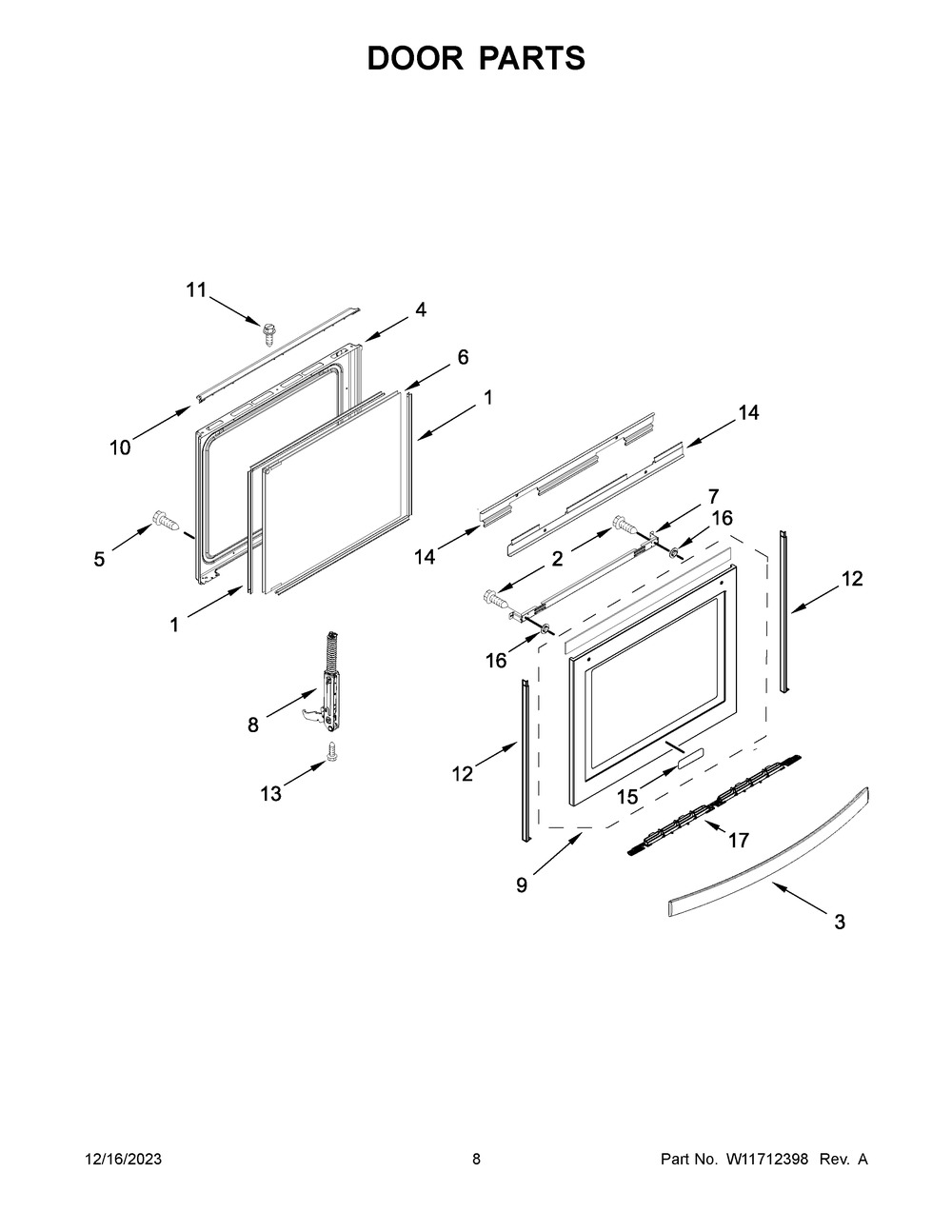 Door Parts Diagram and Parts List for WFE975H0HV5  Whirlpool Range