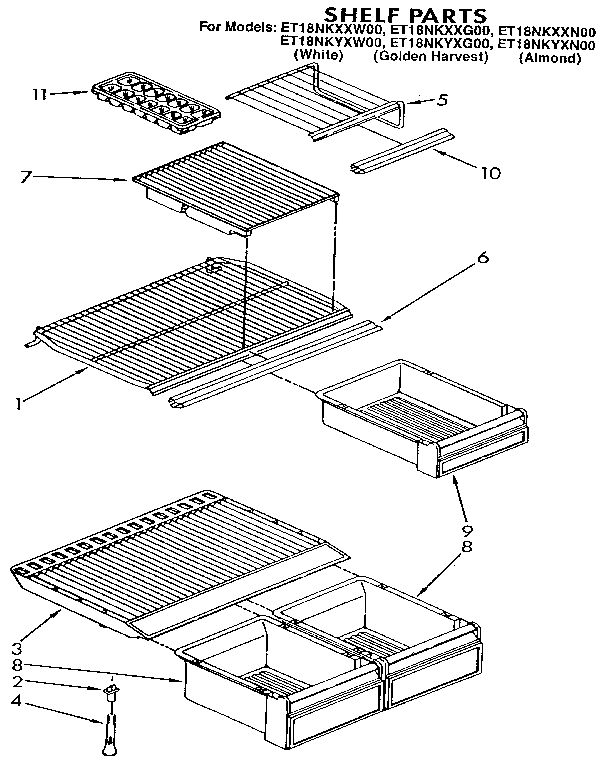 Shelf Diagram and Parts List for ET18NKYXG00  Whirlpool Refrigerator
