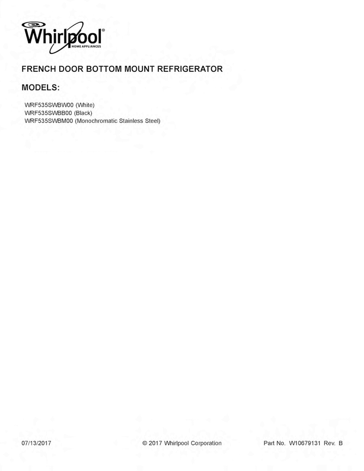 Cover Sheet Diagram and Parts List for WRF535SWBW00  Whirlpool Refrigerator