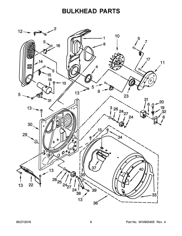 Bulkhead Parts Diagram and Parts List for WGD4810EW2  Whirlpool Dryer