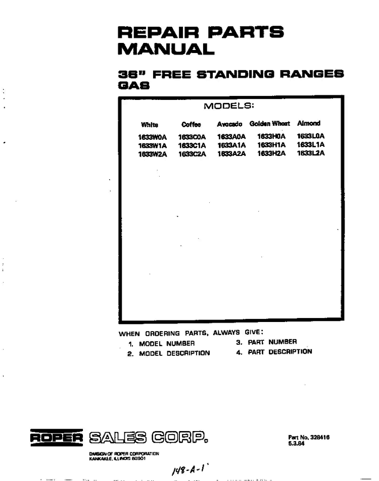 Front Cover Diagram and Parts List for 1633*2A  Roper Range