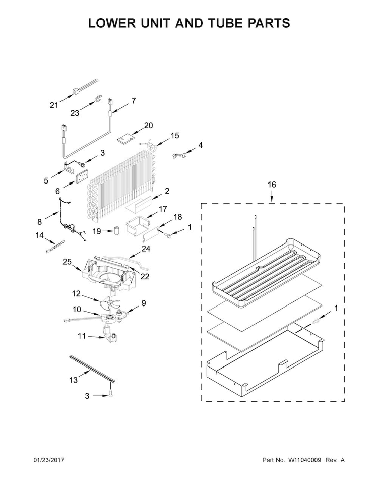 Lower Unit And Tube Parts Diagram and Parts List for KBFN506ESS01  KitchenAid Refrigerator