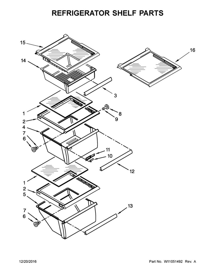 Refrigerator Shelf Parts Diagram and Parts List for 5WRS22FDFG00  Whirlpool Refrigerator