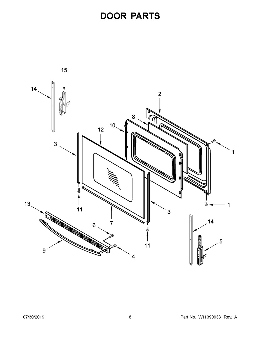 Door Parts Diagram and Parts List for WFC150M0EB4  Whirlpool Range