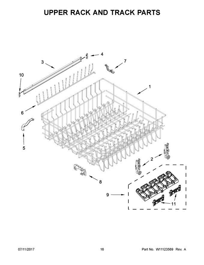 09 - Upper Rack And Track Parts Diagram and Parts List for WDT720PADM3  Whirlpool Dishwasher