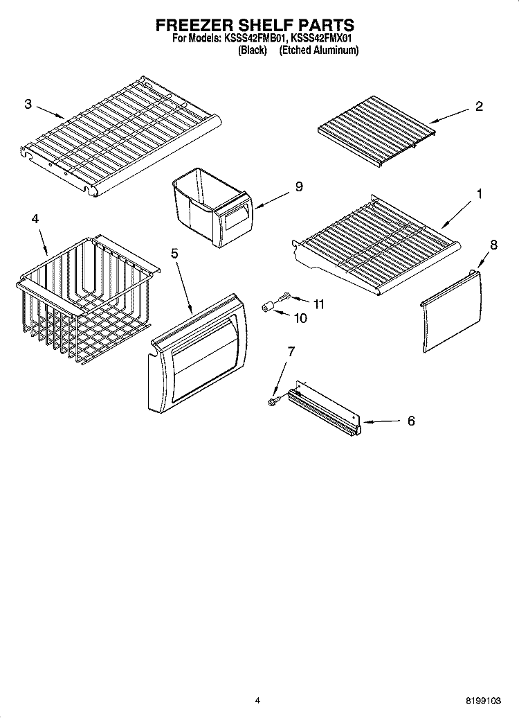 FREEZER SHELF PARTS Diagram and Parts List for KSSS42FMX01  KitchenAid Refrigerator