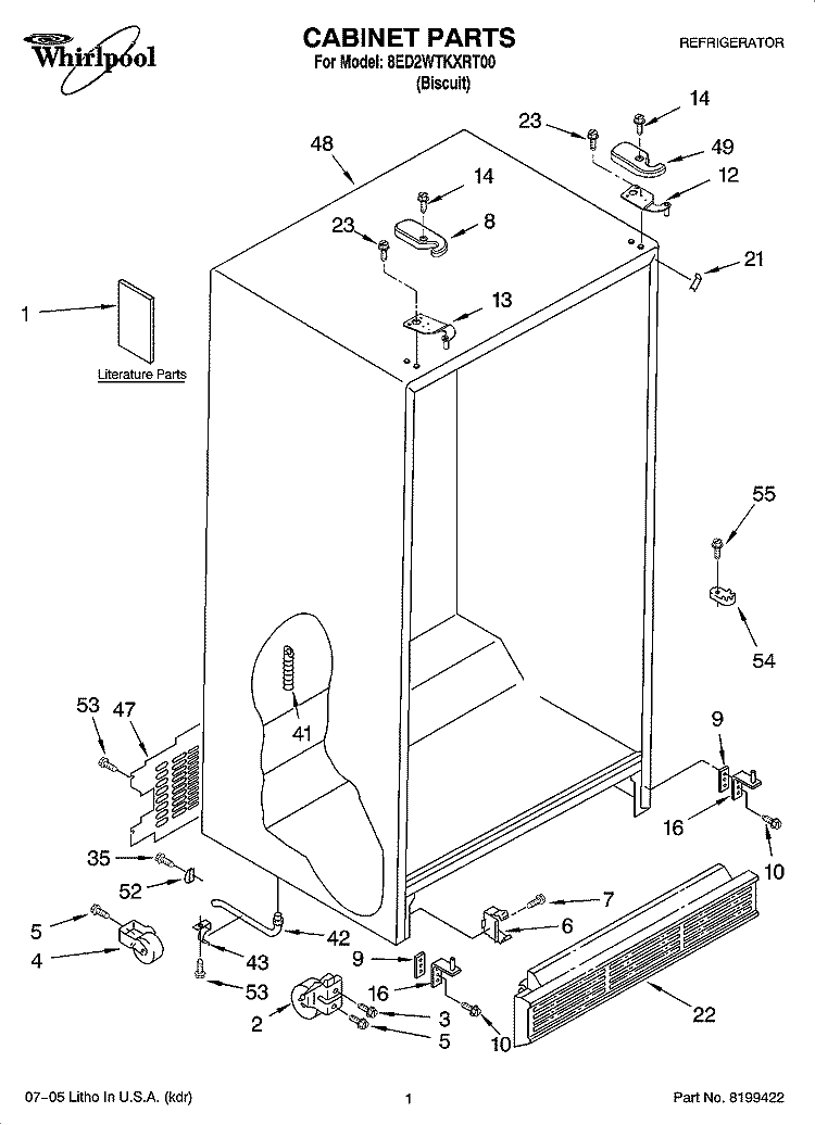 CABINET PARTS Diagram and Parts List for 8ED2WTKXRT00  Whirlpool Refrigerator
