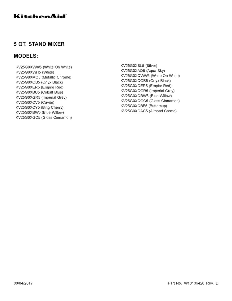 Cover Sheet Diagram and Parts List for KV25G0XSL5  KitchenAid Mixer