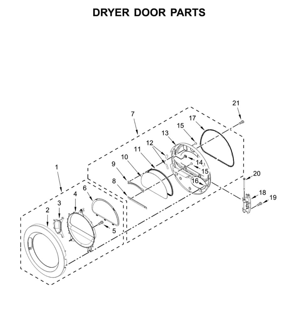 Dryer Door Parts Diagram and Parts List for CET9000GQ0  Whirlpool Washer Dryer Combo
