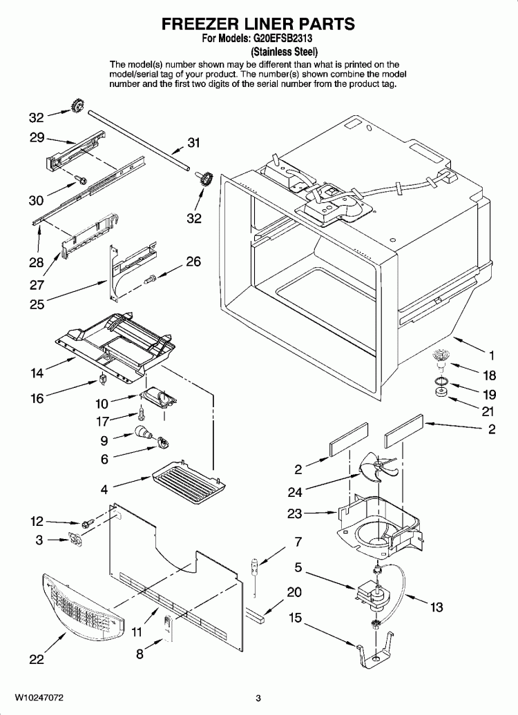 FREEZER LINER PARTS Diagram and Parts List for G20EFSB2313  Whirlpool Refrigerator