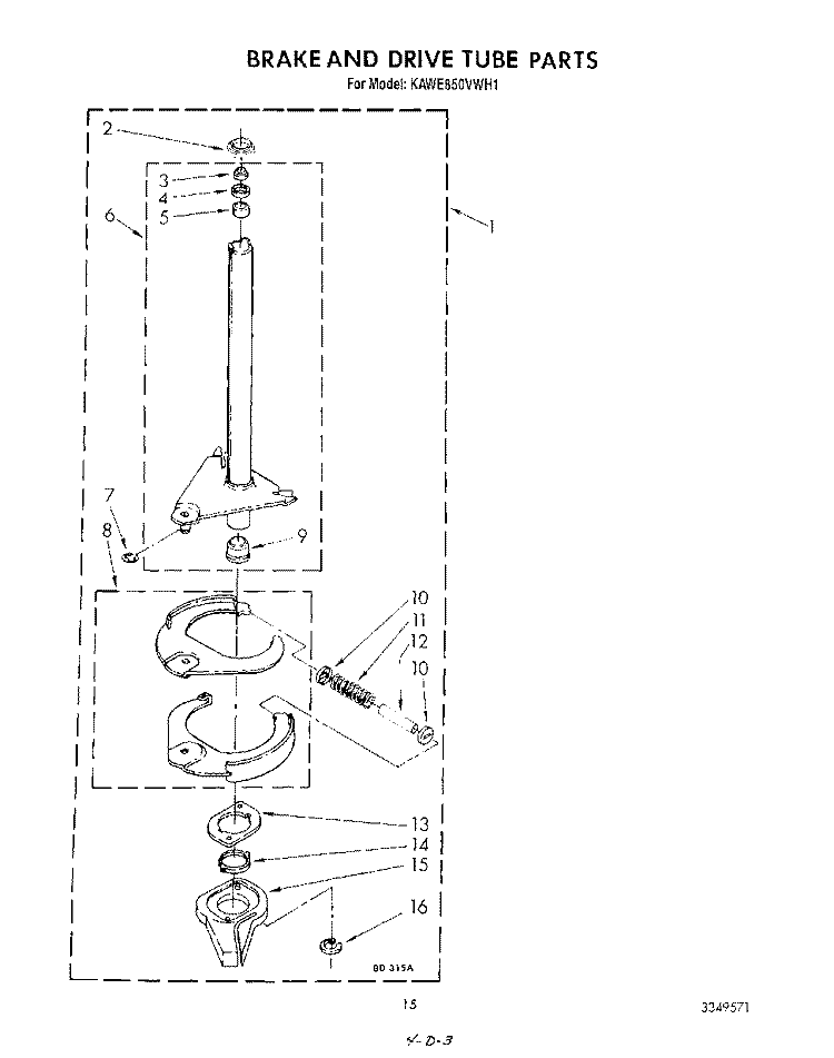 BRAKE AND DRIVE TUBE Diagram and Parts List for KAWE850VAL1  KitchenAid Washer