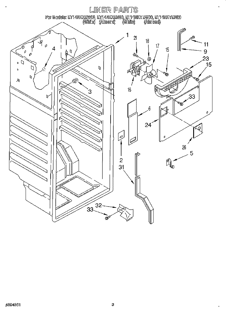 LINER Diagram and Parts List for ET14NKXEN00  Whirlpool Refrigerator