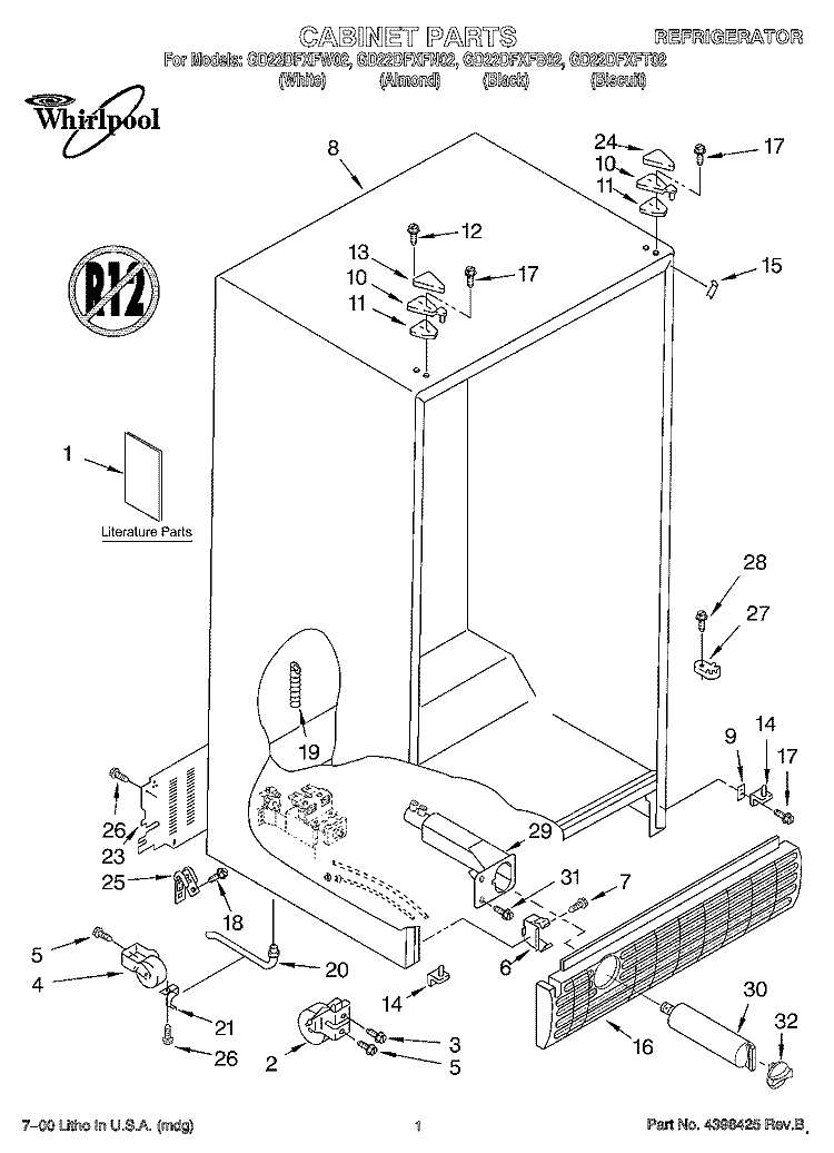 CABINET, LITERATURE Diagram and Parts List for GD22DFXFB02  Whirlpool Refrigerator