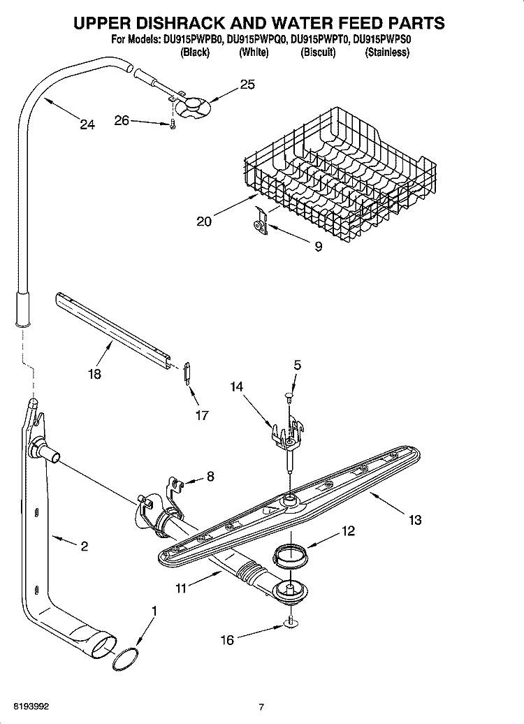 UPPER DISHRACK AND WATER FEED PARTS Diagram and Parts List for DU915PWPS0  Whirlpool Dishwasher
