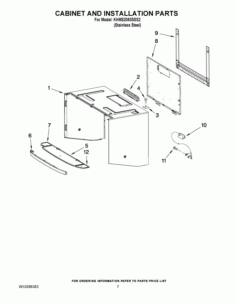 CABINET AND INSTALLATION PARTS Diagram and Parts List for KHMS2050SSS2  KitchenAid Microwave
