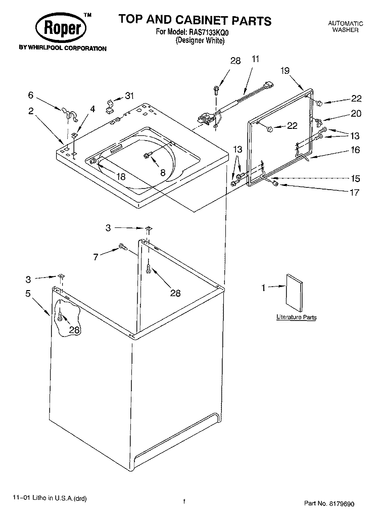 TOP AND CABINET, LITERATURE Diagram and Parts List for RAS7133KQ0  Roper Washer