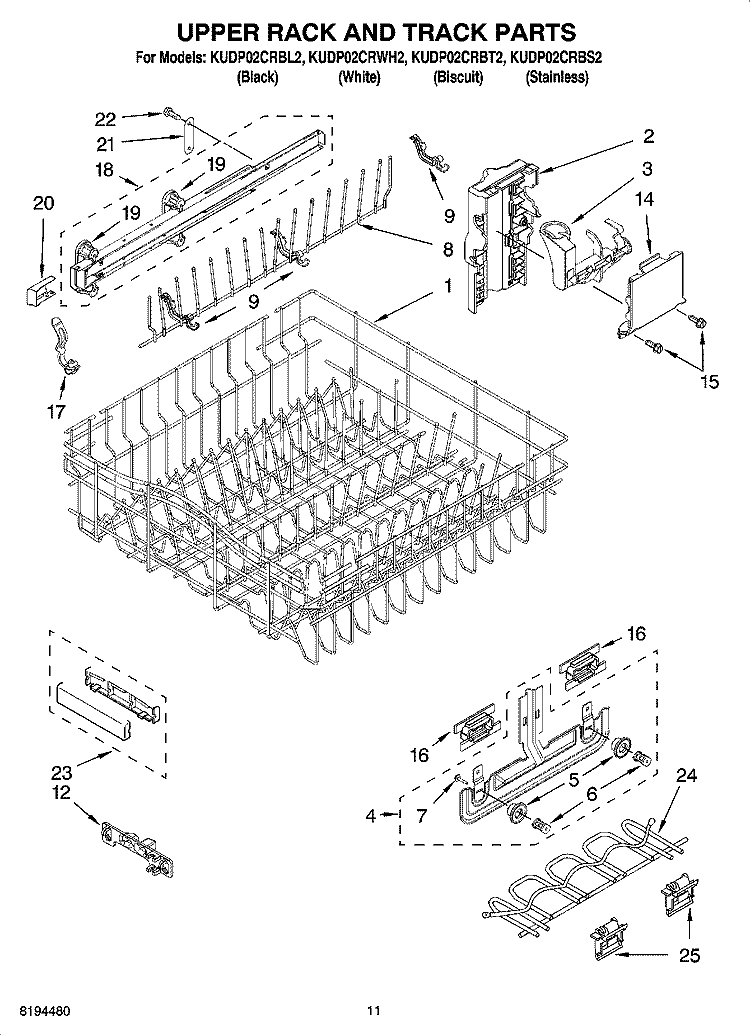 UPPER RACK AND TRACK PARTS Diagram and Parts List for KUDP02CRBS2  KitchenAid Dishwasher