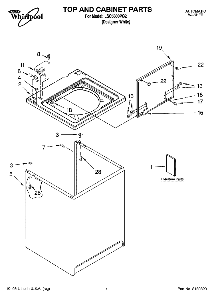 TOP AND CABINET PARTS Diagram and Parts List for LSC5000PQ2  Whirlpool Washer