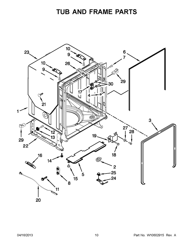 TUB AND FRAME PARTS Diagram and Parts List for 7WDT950SAYM2  Whirlpool Dishwasher