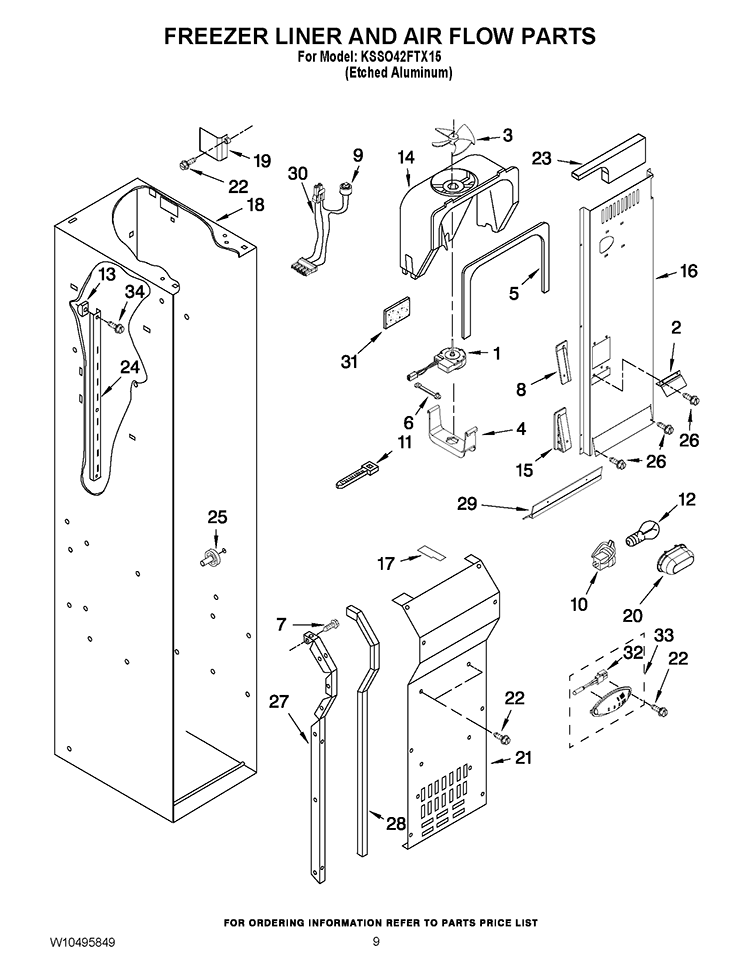 FREEZER LINER AND AIR FLOW PARTS Diagram and Parts List for KSSO42FTX15  KitchenAid Refrigerator