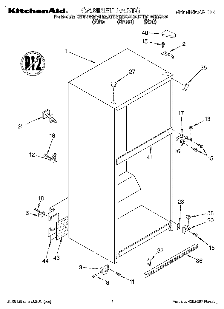 CABINET Diagram and Parts List for KTRS19MGAL00  KitchenAid Refrigerator