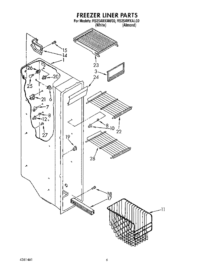 FREEZER LINER Diagram and Parts List for RS25AWXAW00  Roper Refrigerator