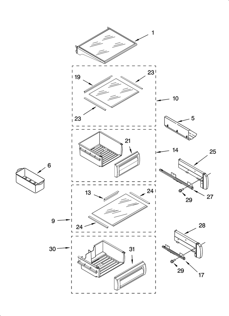 Refrigerator Shelf Parts Diagram and Parts List for KSSS48FMX03  KitchenAid Refrigerator