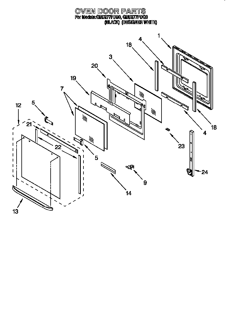 Oven Door Diagram and Parts List for PBK1227  Whirlpool Wall Oven